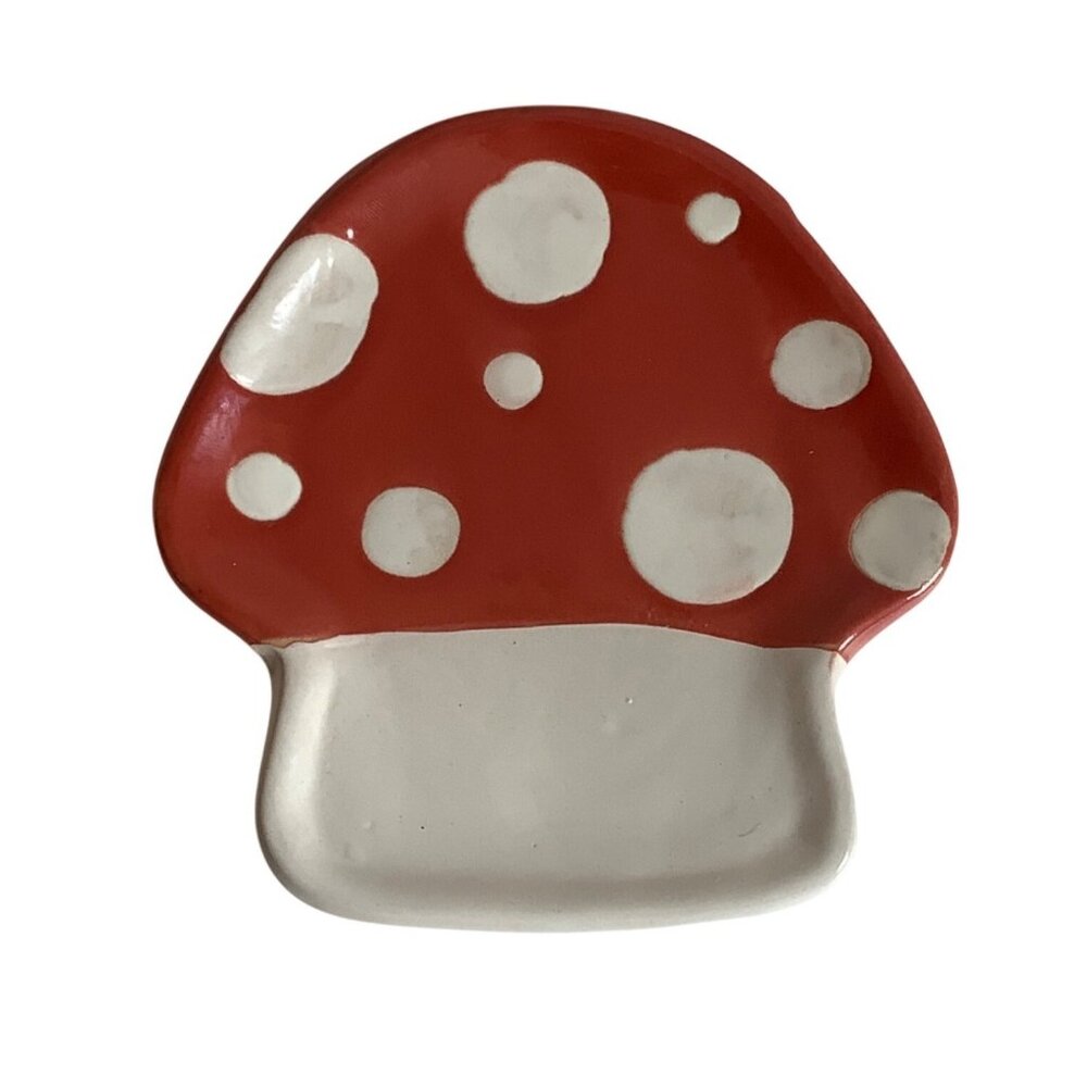 Mushroom Shaped Ceramic Trinket Dish‎ Red White Polka Dot Design 5" x 5" USA